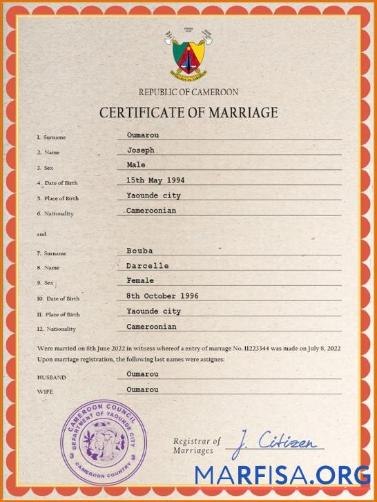 Downloadable Cameroon marriage certificate PSD template